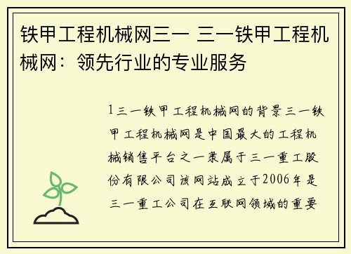铁甲工程机械网三一 三一铁甲工程机械网：领先行业的专业服务